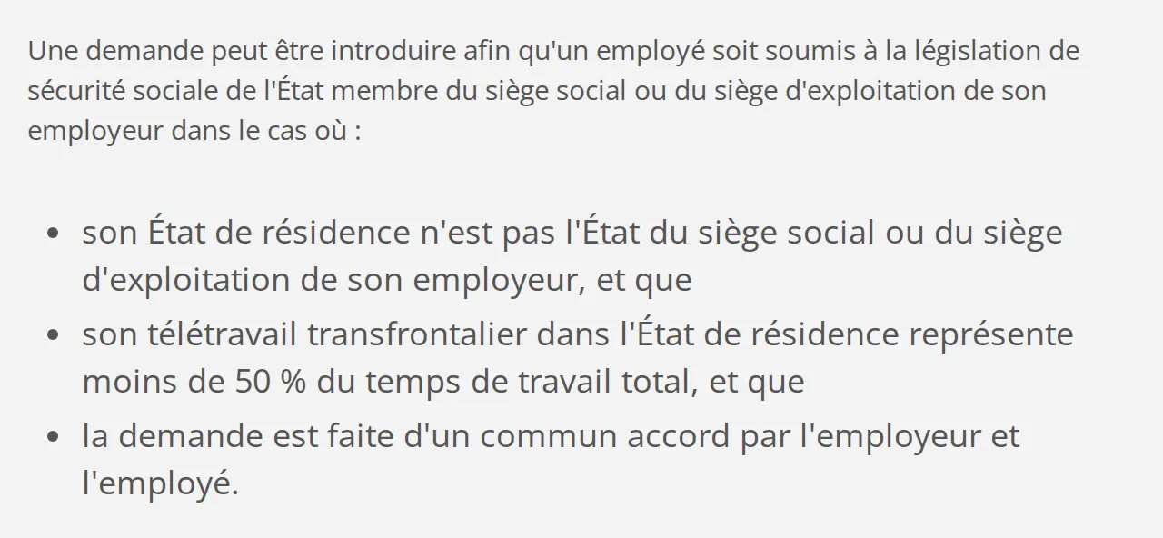 Les conditions de l'accord-cadre sur le site belge de la sécurité sociale : résidence dans un autre État que l'employeur, télétravail transfrontalier sous 50 % du temps de travail total, demande d'un commun accord employeur-employé.